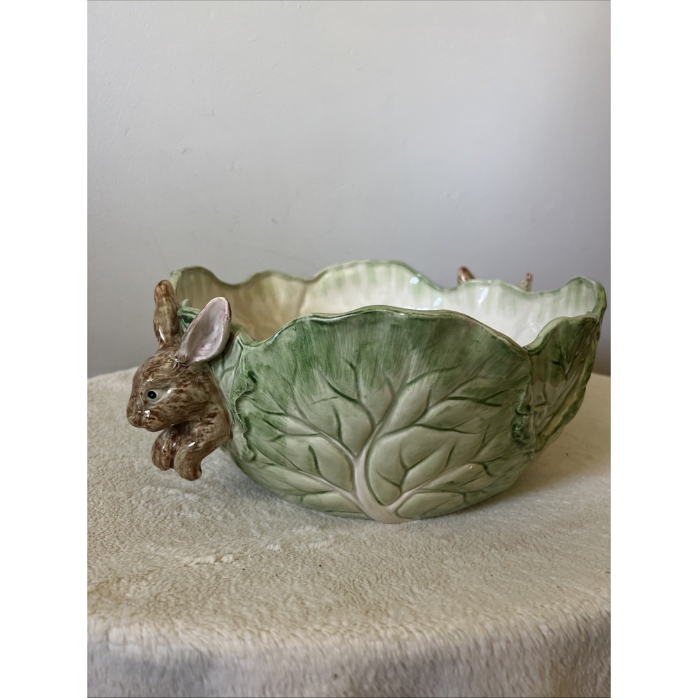 Large Spring Easter Vintage Fitz and Floyd Green Bowl with Bunnies cabbage green